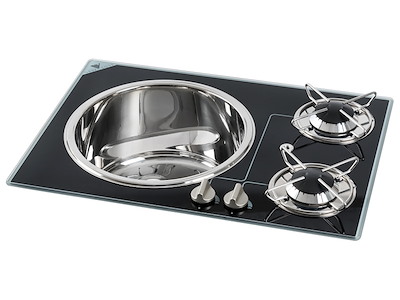 Piano in cristallo a 2 fuochi con lavello in Acciaio Inox