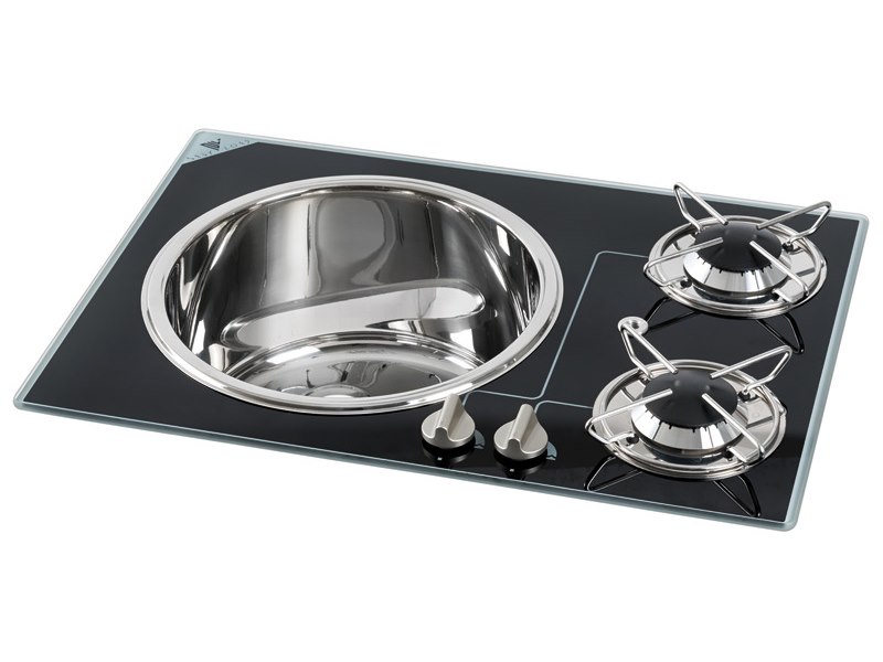 Piano in cristallo a 2 fuochi con lavello in Acciaio Inox