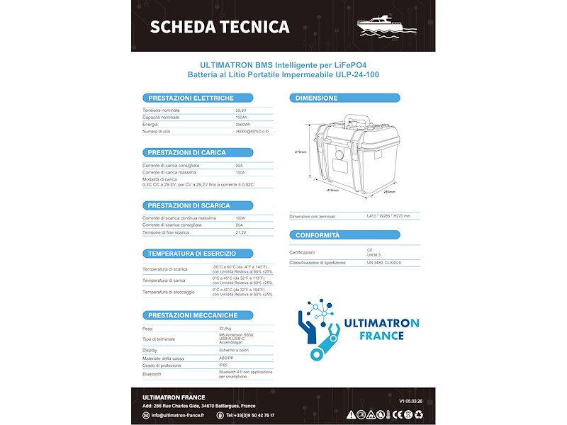 Batteria a Litio LiFePO4 24 V 100Ah Ultimatron